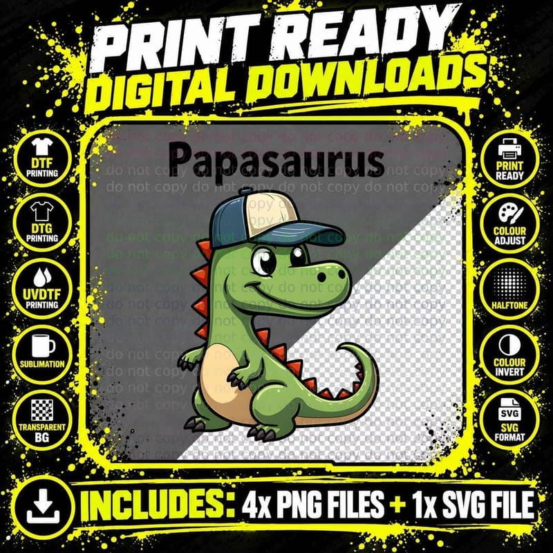 Papasaurus Dinosaur in Baseball Cap Funny Father's Day Png SVG Digital Bundle