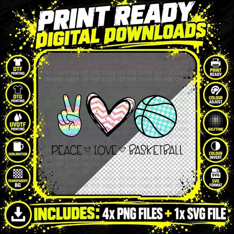 Peace Love Basketball Cute Design for Women Teen Girls Png SVG Digital Bundle