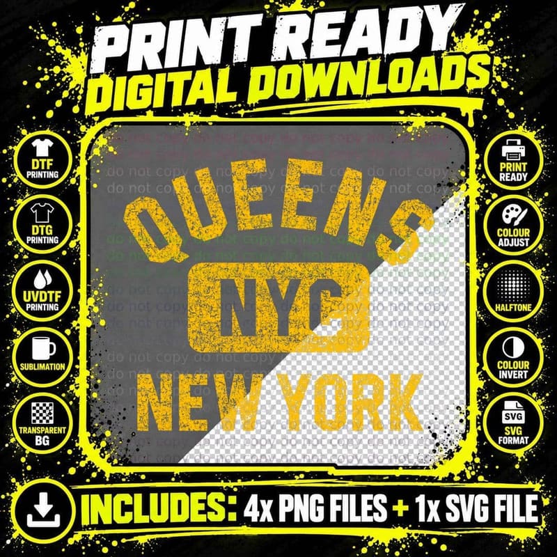 Queens NYC New York Gym Style Distressed Amber Print Png SVG Digital Bundle