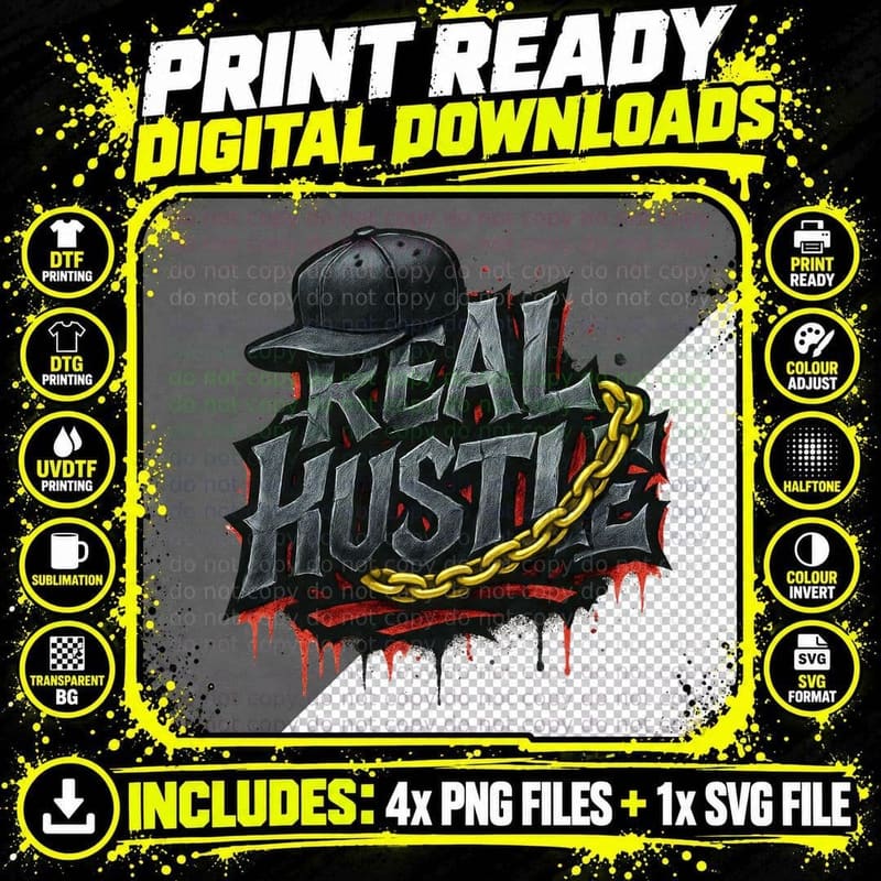 Real Hustle Graffiti Text Baseball Cap Gold Chain Png SVG Digital Bundle