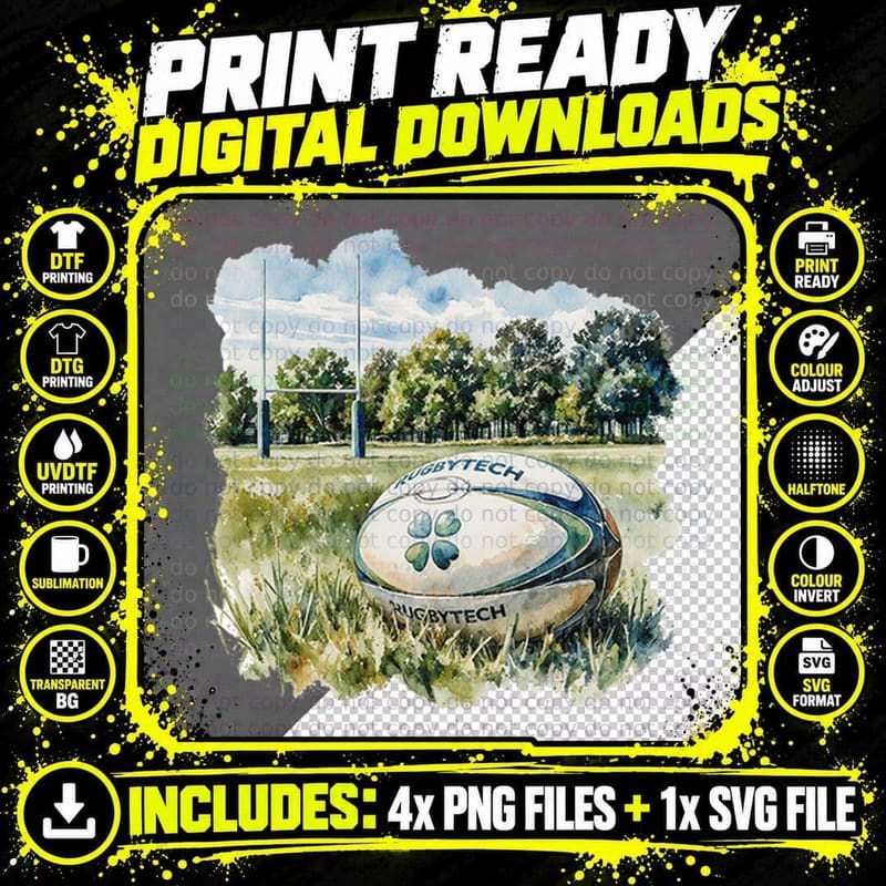 Rugby Ball on Field Sports Fan Athlete Game Day Gift Png SVG Digital Bundle