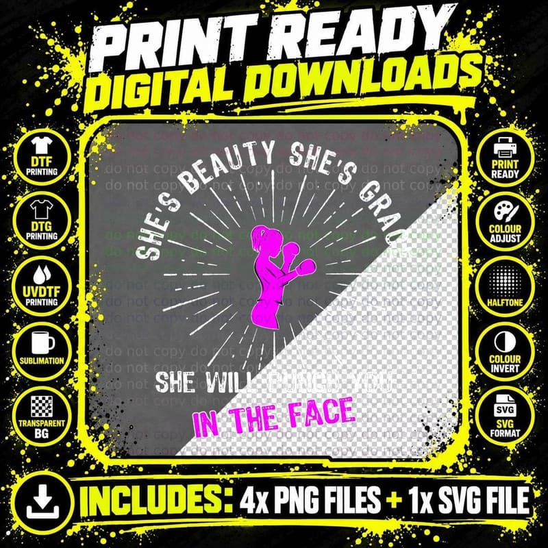 She's Beauty Grace Boxing Punch Boxing Women Girls Png SVG Digital Bundle