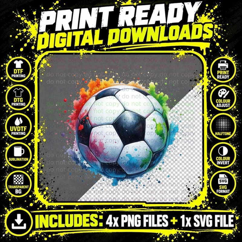 Soccer Ball Color Splatter Art Football Game Day Sports Png SVG Digital Bundle