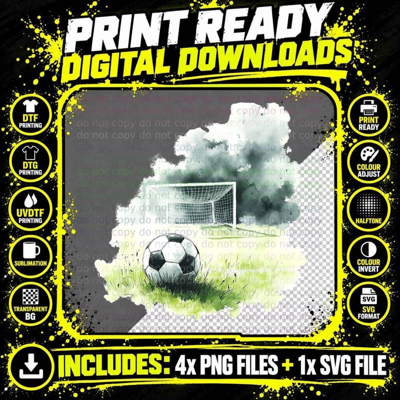 Soccer Ball on Field Goal Net Football Sports Watercolor Png SVG Digital Bundle