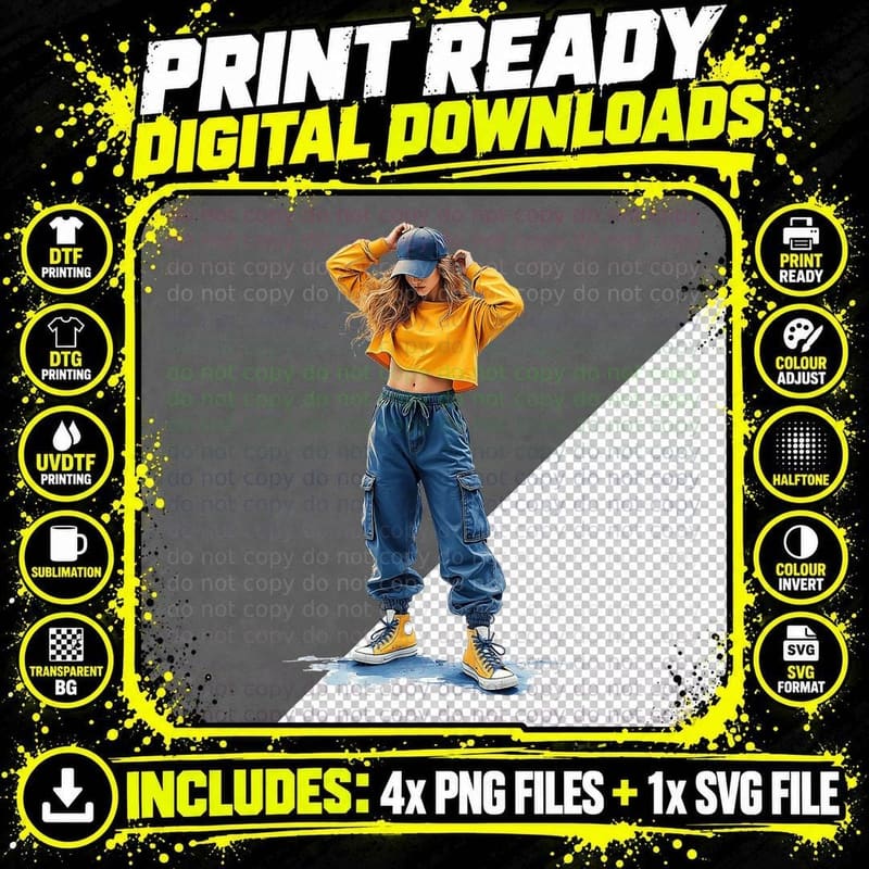 Streetwear Girl Cargo Pants Cropped Yellow Hoodie Png SVG Digital Bundle