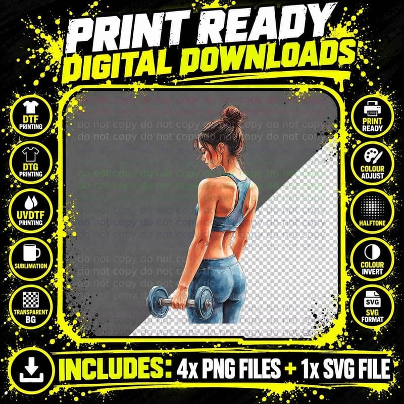 Strong Woman Gym Fitness Watercolor Lifting Workout Png SVG Digital Bundle