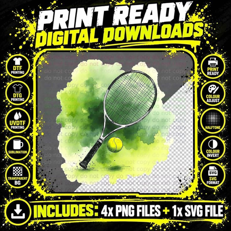 Tennis Racket and Ball Sports Player Athletic Gift Match Png SVG Digital Bundle