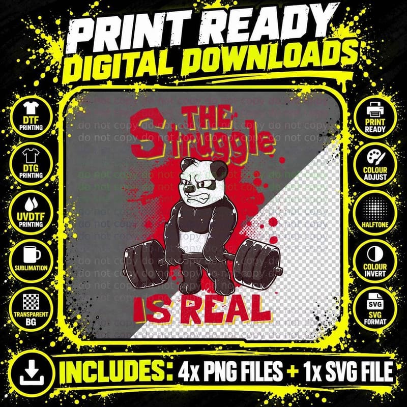 The Struggle Is Real Panda Fitness Gym Bodybuilding Png SVG Digital Bundle