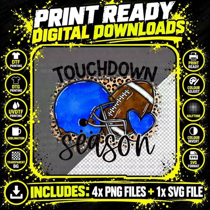 Touchdown Season Blue Bleached Leopard Football Lover Png SVG Digital Bundle