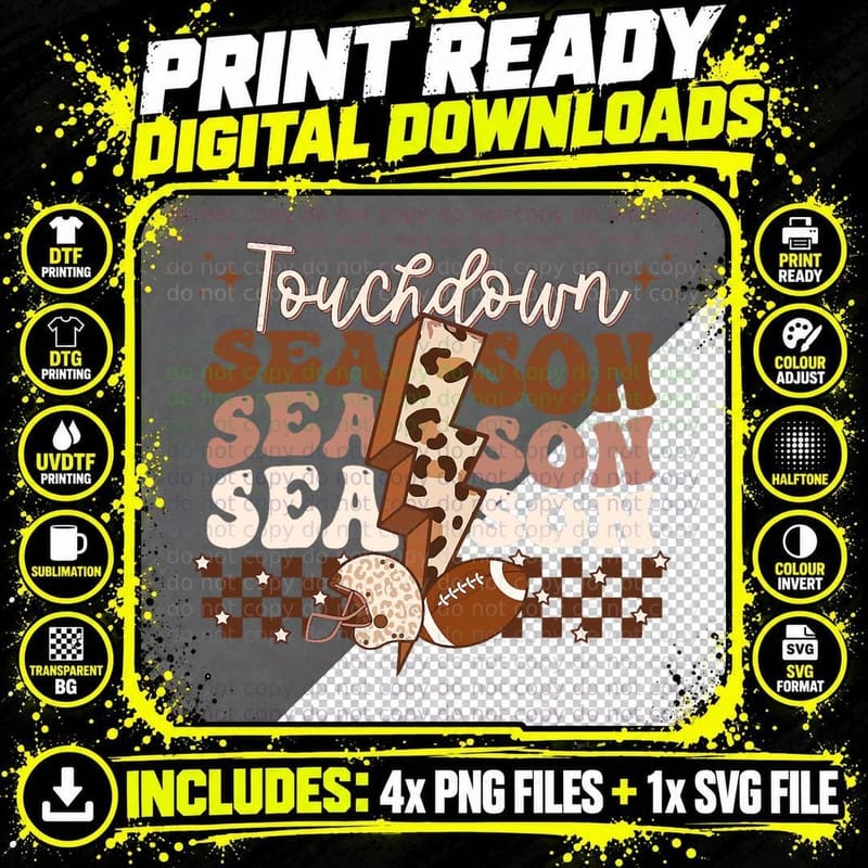 Touchdown Season Leopard Lightning Football Retro Autumn Png SVG Digital Bundle