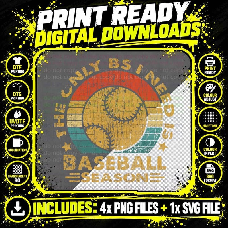 Vintage Baseball Shirt the Only BS I Need Is Baseball Png SVG Digital Bundle