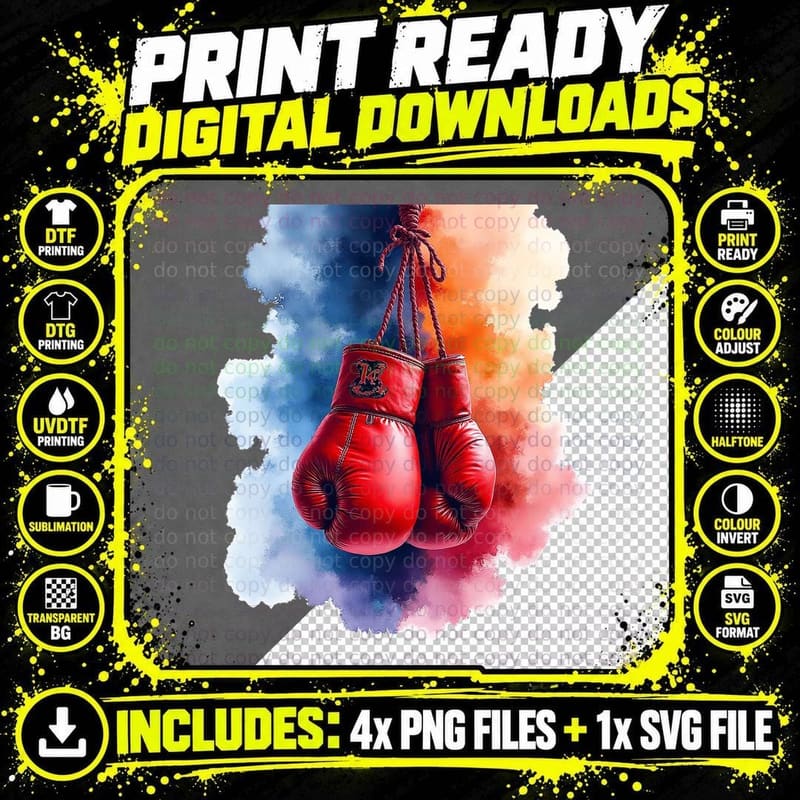 Vintage Hanging Red Boxing Gloves Watercolor Smoke Fight Png SVG Digital Bundle