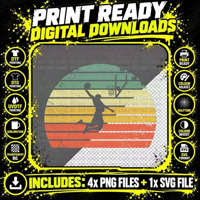 Vintage Retro Basketball Dunk Shirt Sunset Colorful Png SVG Digital Bundle