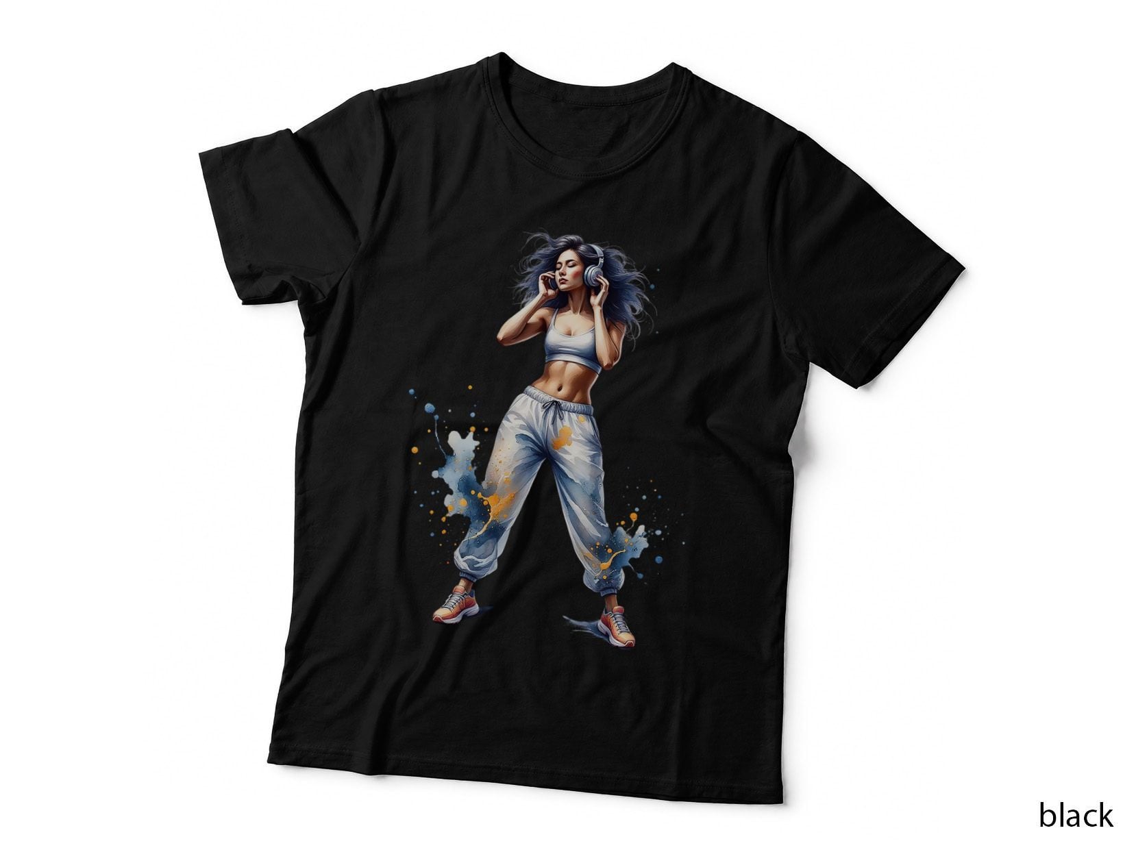 Watercolor Fitness Girl with Headphones Gym Workout Music Art T-Shirt