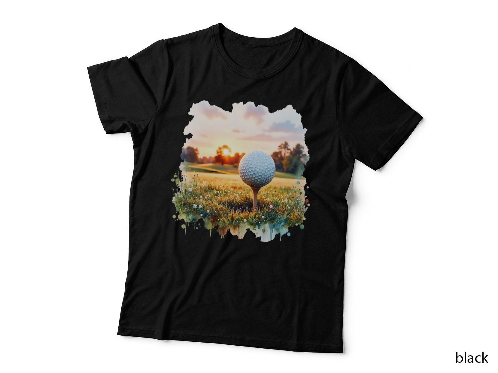 Watercolor Golf Ball Sunset Golfer Tee Time Sport T-Shirt