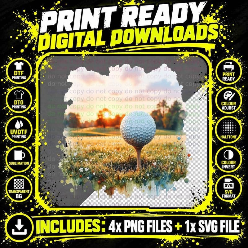 Watercolor Golf Ball Sunset Golfer Tee Time Sport T-Shirt Png SVG Digital Bundle