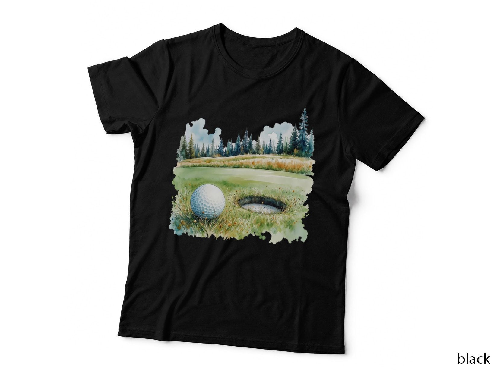 Watercolor Golf Ball on Green Course Nature Landscape Sports Art T-Shirt