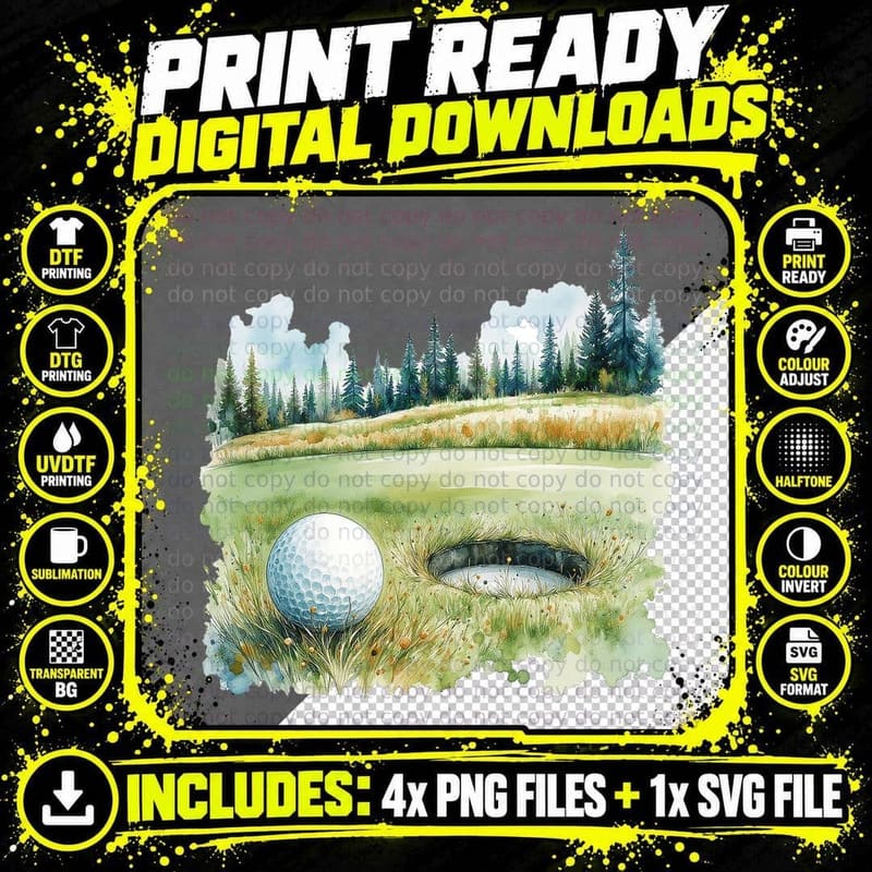 Watercolor Golf Ball on Green Course Nature Landscape Png SVG Digital Bundle