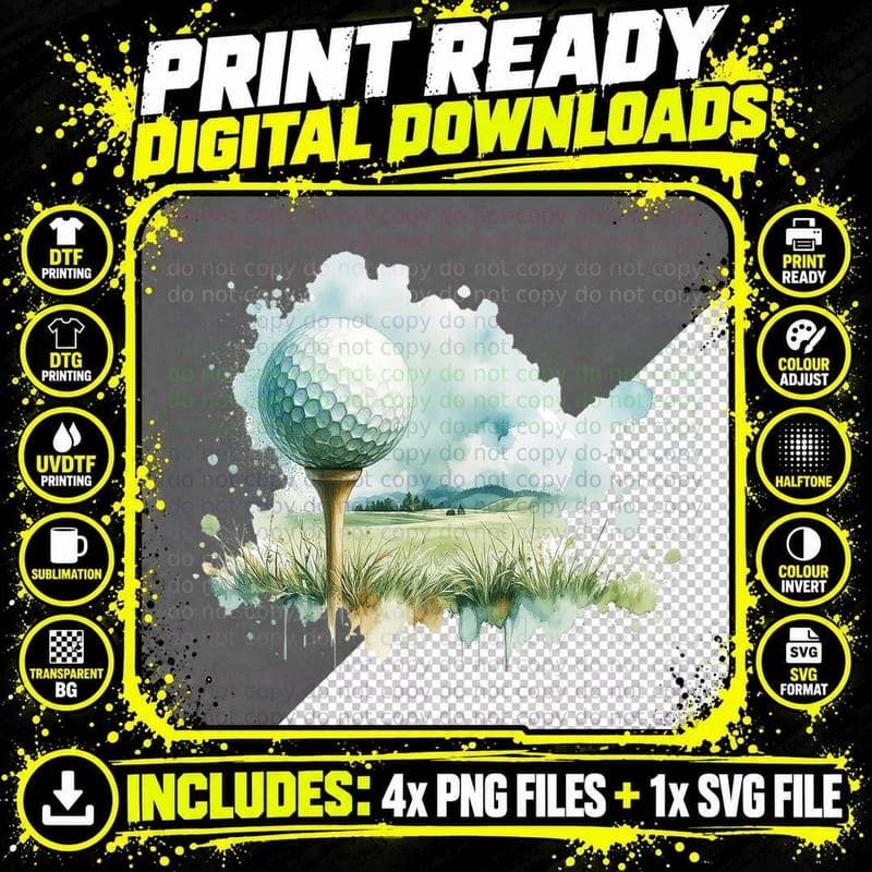 Watercolor Golf Ball on Tee Golfer Landscape Art T-Shirt Png SVG Digital Bundle