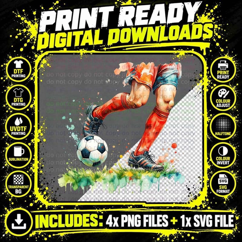 Watercolor Soccer Football Player Dribbling Kick Sport Png SVG Digital Bundle