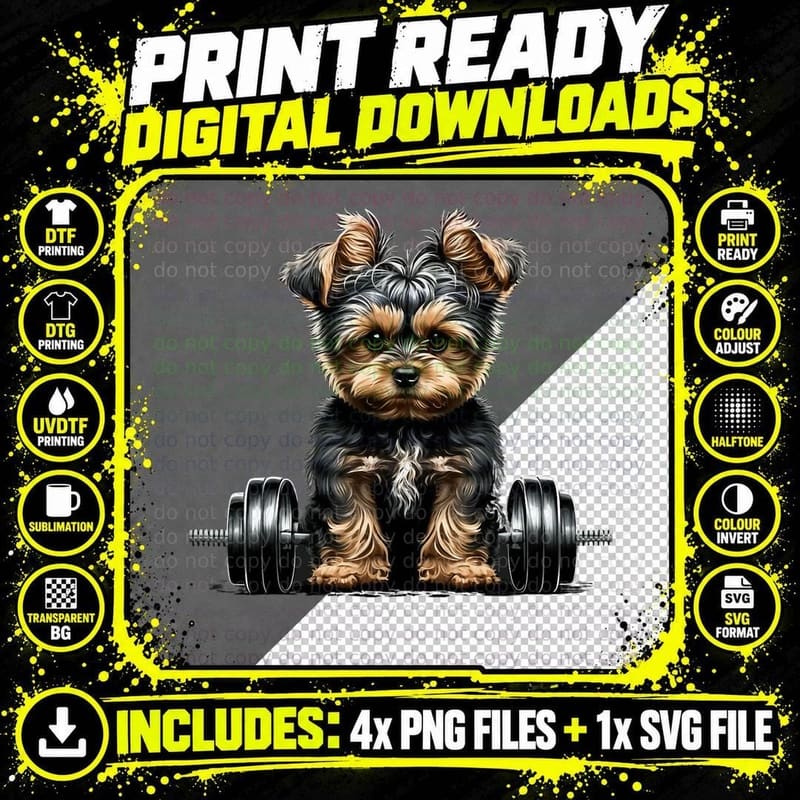 Yorkie Weightlifting Dog Funny Fitness Gym Yorkshire Png SVG Digital Bundle
