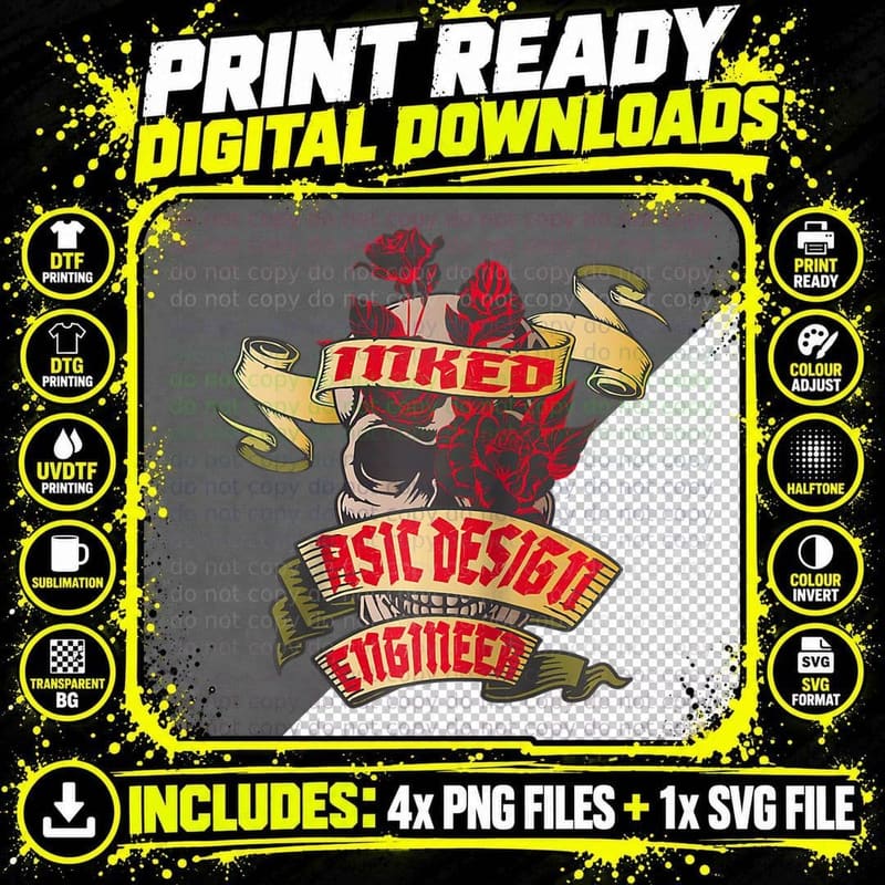 ASIC Design Engineer Inked Skull & Red Roses Tattoo Tech Png SVG Digital Bundle