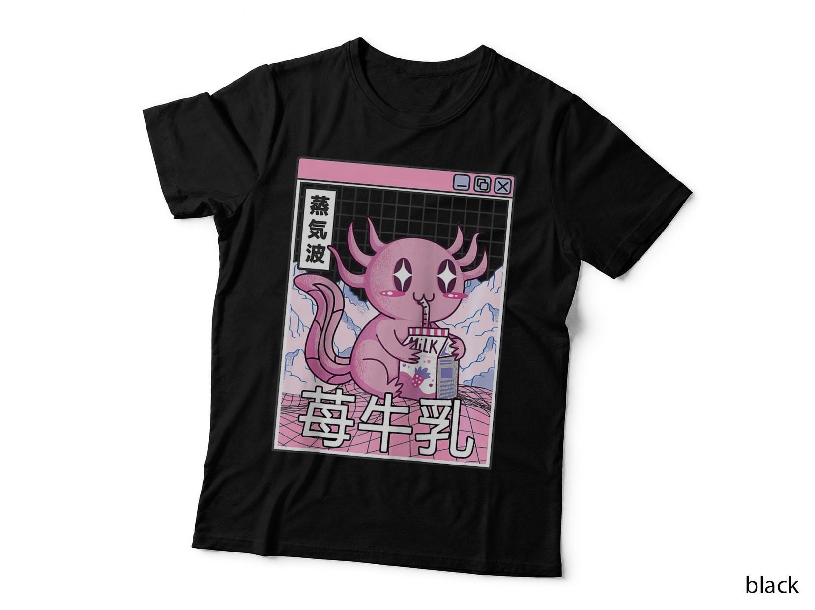 Axolotl Drinking Strawberry Milk Japan Otaku Anime Vaporwave Gift T-Shirt