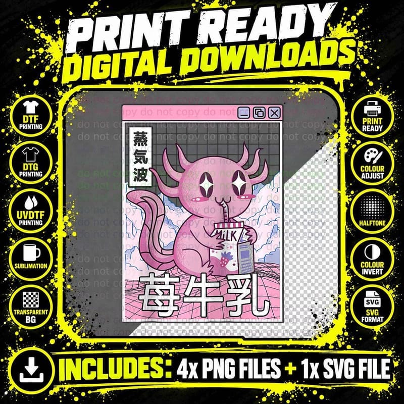 Axolotl Drinking Strawberry Milk Japan Otaku Anime Png SVG Digital Bundle
