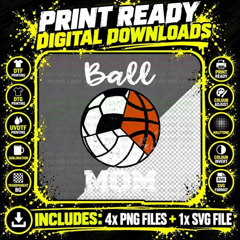Ball Mom Funny Soccer Volleyball Basketball Mom T-Shirt Png SVG Digital Bundle