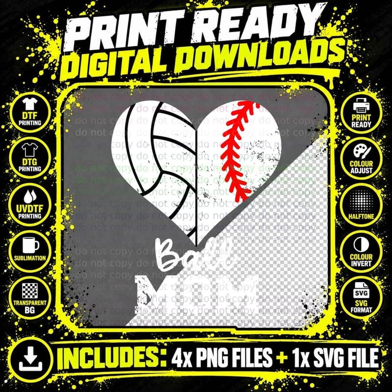 Ball Mom Heart Funny Baseball Volleyball Mom Pullover Png SVG Digital Bundle