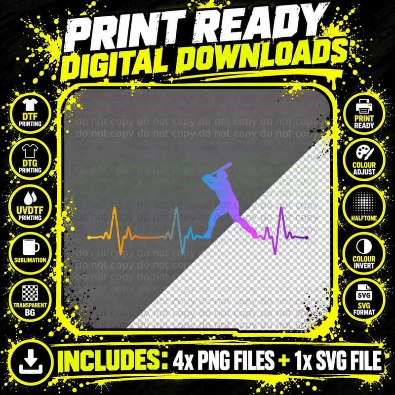 Baseball Fan Heartbeat Pulse Rainbow T-Shirt Png SVG Digital Bundle
