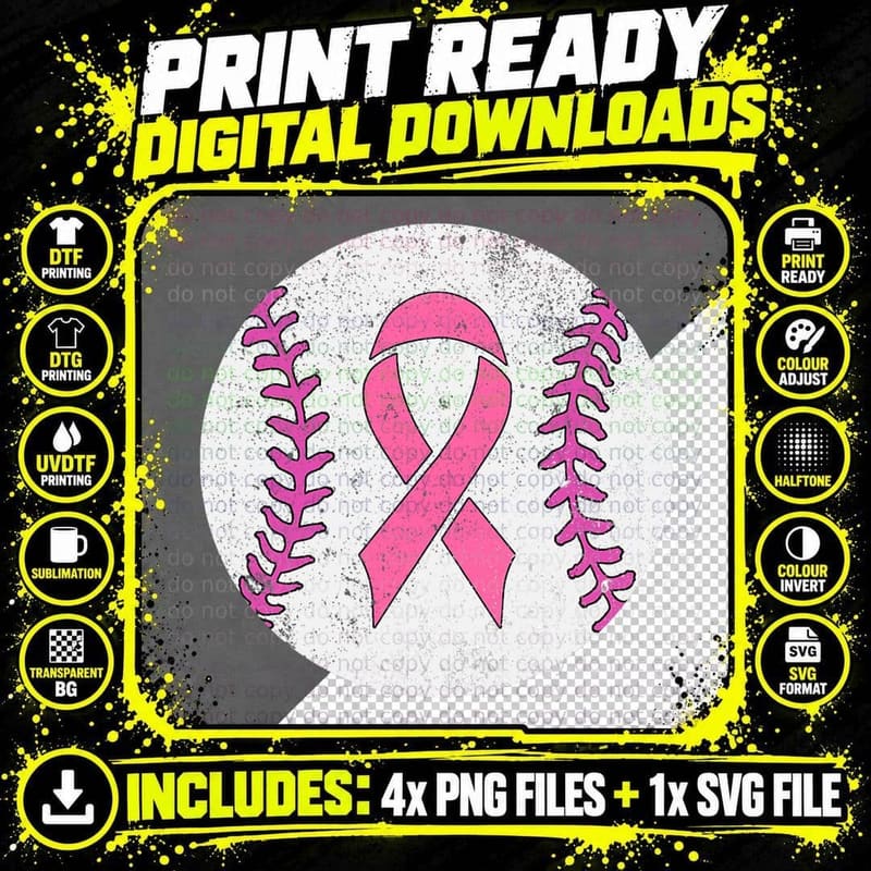Baseball Player Pink Ribbon Breast Cancer Awareness Png SVG Digital Bundle