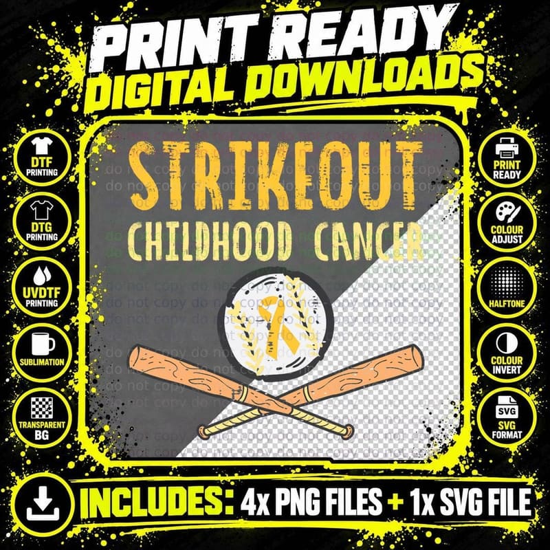 Baseball Strikeout Childhood Cancer Awareness Ribbon Png SVG Digital Bundle