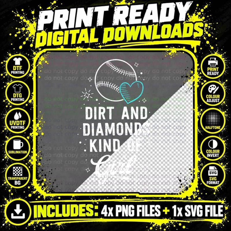 Baseball for Girls Dirt and Diamonds Kind of Girl T-Shirt Png SVG Digital Bundle