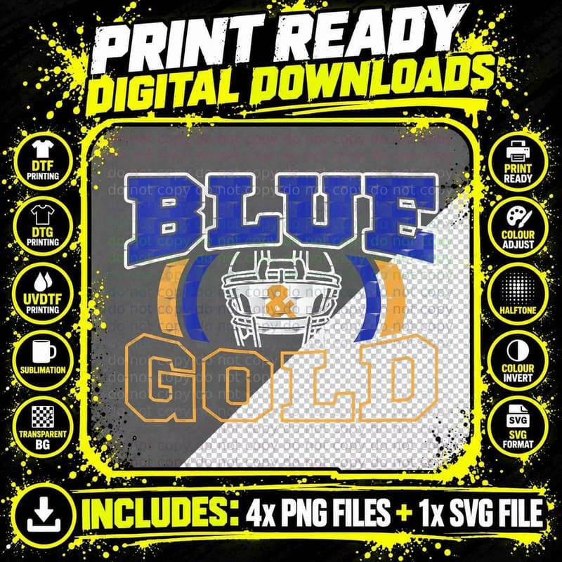 Blue & Gold Game Day Group School & College Football Png SVG Digital Bundle