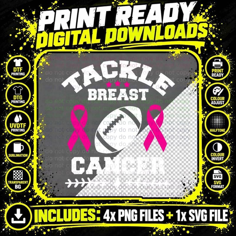 Breast Cancer Awareness Football Ribbon Tackle Breast Png SVG Digital Bundle