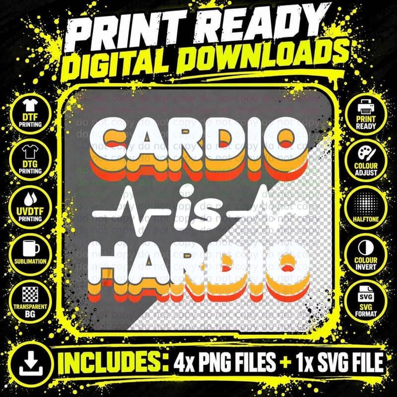 Cardio Is Hardio Gym Funny Running Retro 70s Fitness Png SVG Digital Bundle