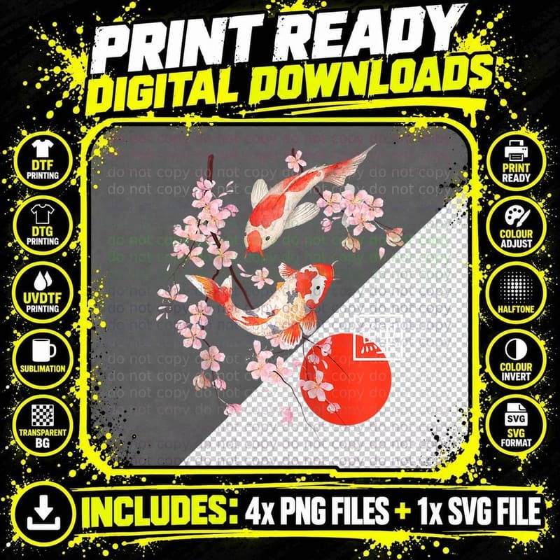 Cherry Blossom Koi Carp Fish Japanese Sakura Graphic Art Png SVG Digital Bundle