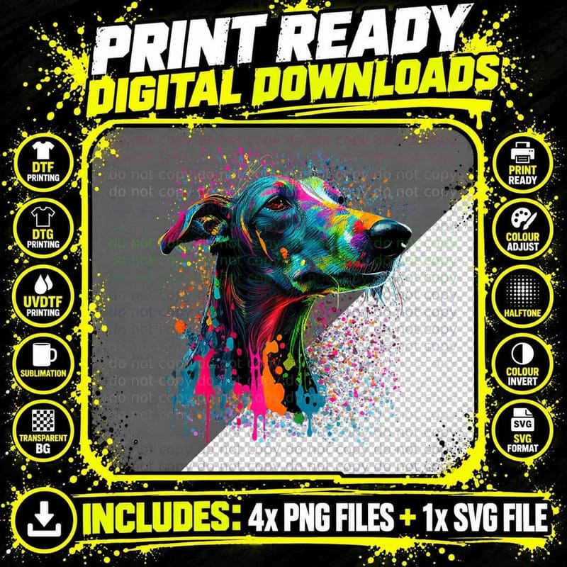 Colorful Splash Art Greyhound Portrait Puppy Owner Png SVG Digital Bundle