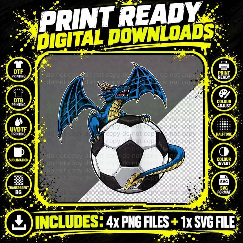 Cool Soccer Dragon Sitting on Soccer Ball, S T-Shirt Png SVG Digital Bundle