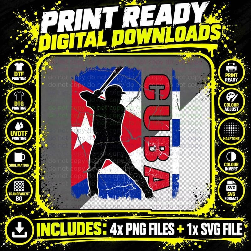 Cuban Baseball Player Cuba Flag Baseball Fans T-Shirt Png SVG Digital Bundle