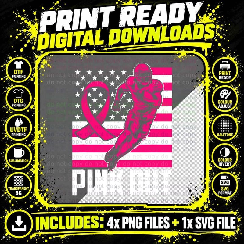 Cute Pink Ribbon Breast Cancer Awareness Football Pink Png SVG Digital Bundle