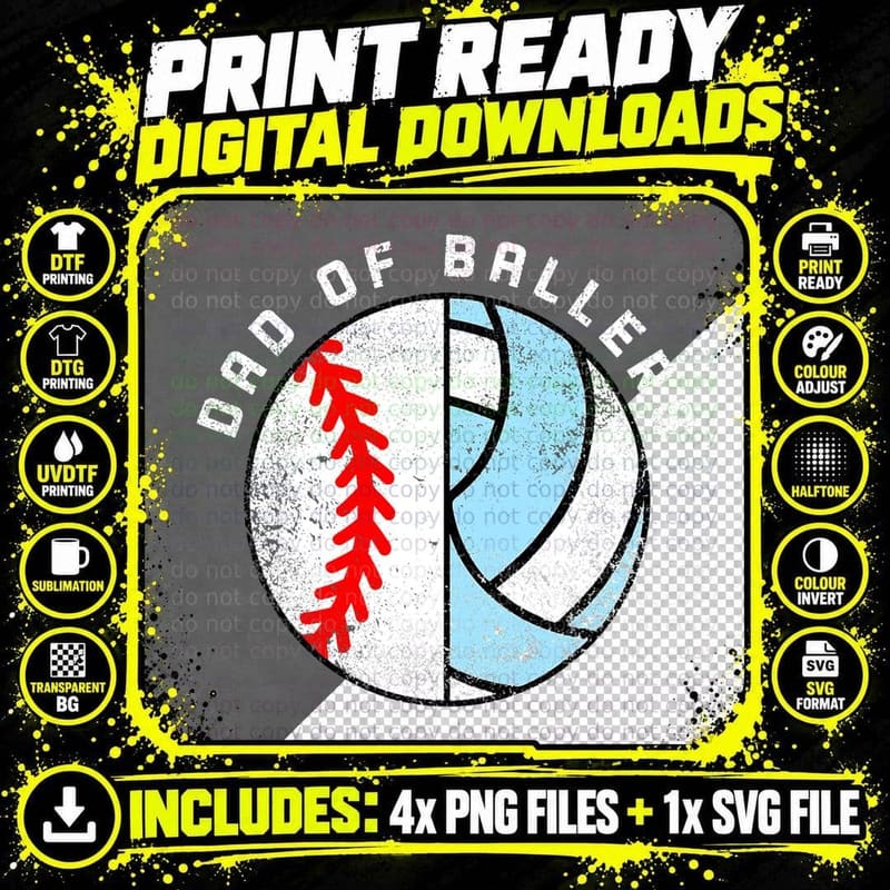 Dad of Ballers Baseball Volleyball Dad Daddy Papa Mens Png SVG Digital Bundle