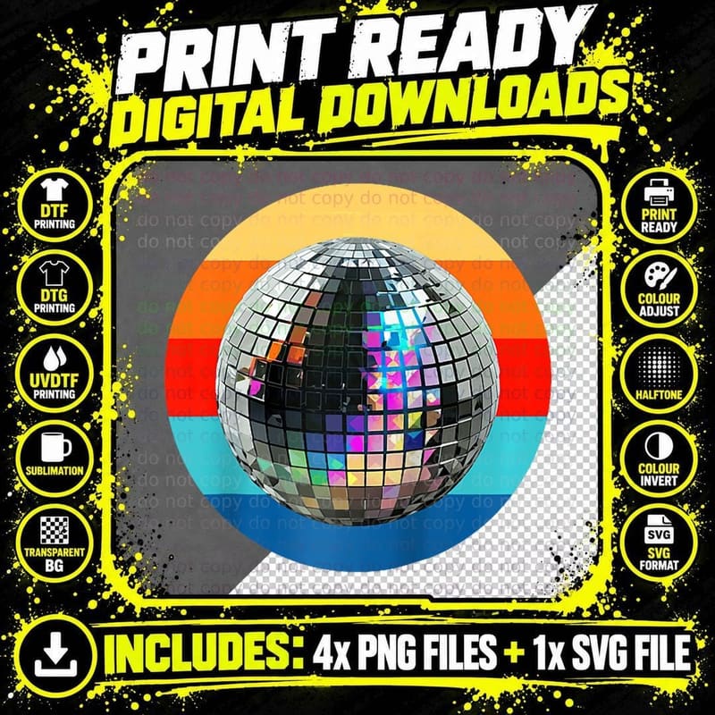 Disco Ball Retro 1980s DJ Vintage Retro Sunset Disco Png SVG Digital Bundle