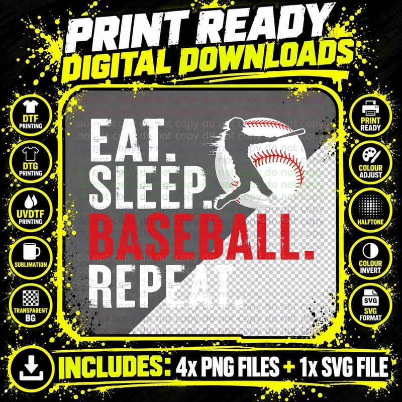 Eat Sleep Baseball Repeat Funny Baseball Players Kids Png SVG Digital Bundle