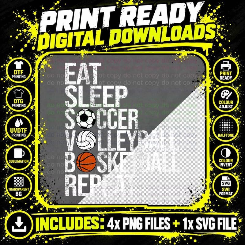 Eat Sleep Soccer Volleyball Basketball Repeat Funny Png SVG Digital Bundle