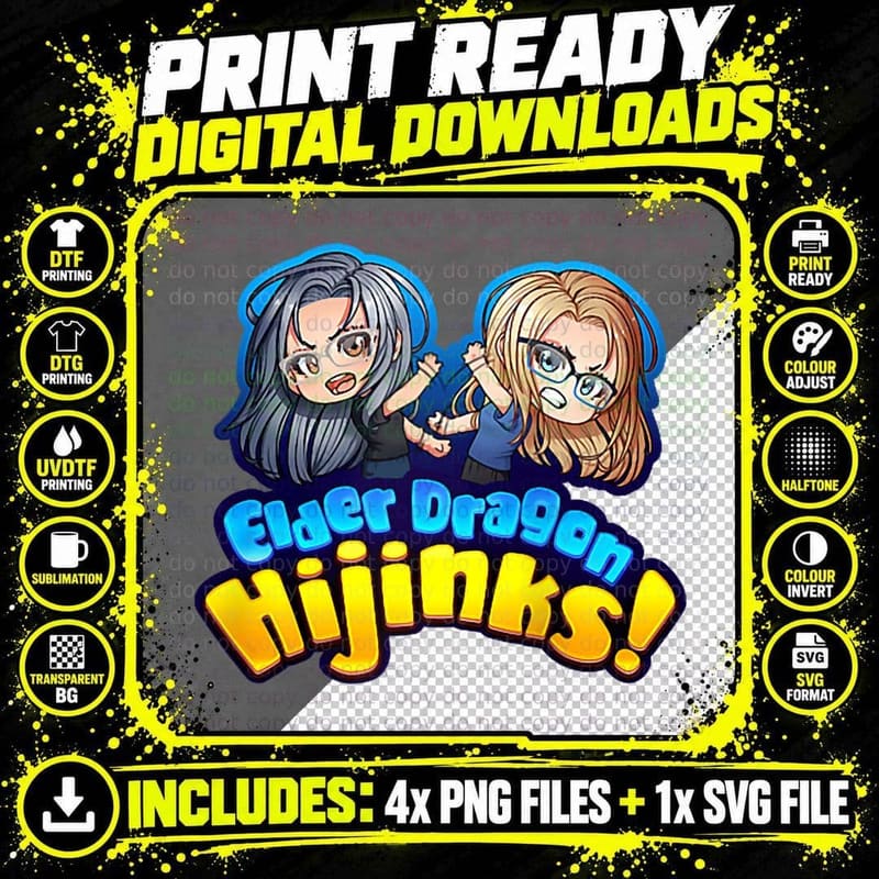 Elder Dragon Hijinks Logo & Chibis Classic T-Shirt Png SVG Digital Bundle