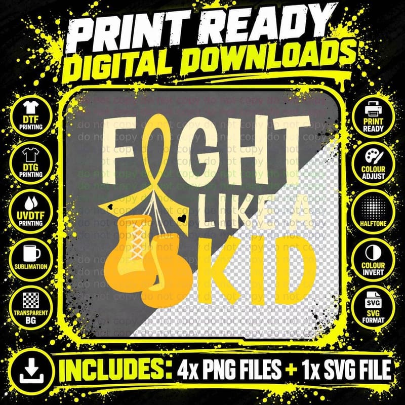 Fight Like Kid Childhood Cancer Awareness Fighter Png SVG Digital Bundle