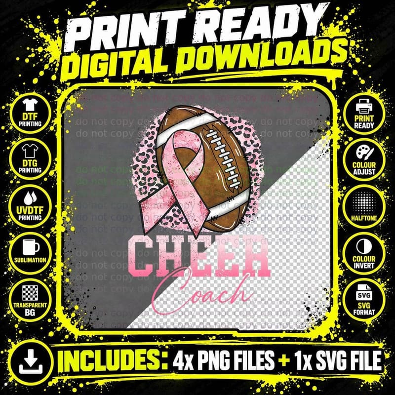 Football Cheer Coach Pink Ribbon Breast Cancer Awareness Png SVG Digital Bundle