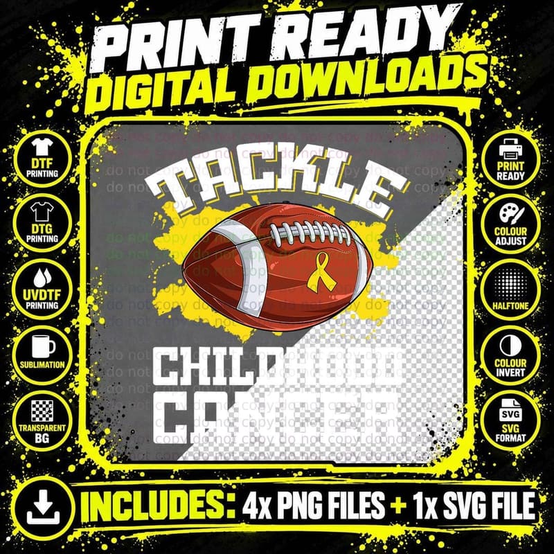 Football Tackle Childhood Cancer Retro Awareness Ribbon Png SVG Digital Bundle